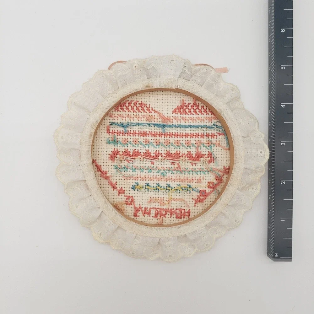 Vintage 1982 Mother's Day Cross Stitch Heart Wall Hanging Lace Cottagecore Decor